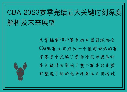 CBA 2023赛季完结五大关键时刻深度解析及未来展望