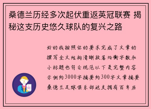 桑德兰历经多次起伏重返英冠联赛 揭秘这支历史悠久球队的复兴之路